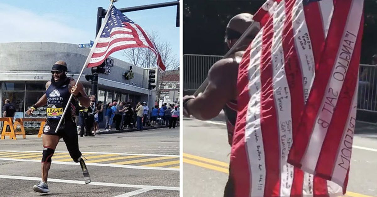 Marine Amputee Runs Boston Marathon With American Flag To 